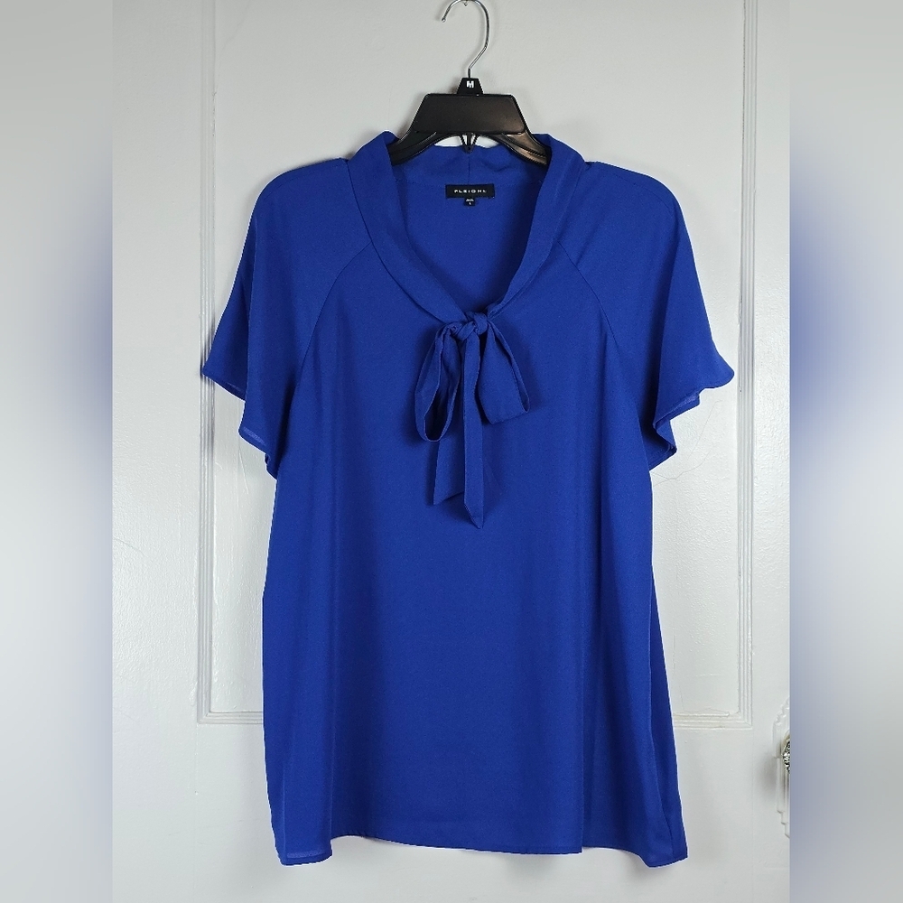 Pleione Royal Blue Tie-Neck Flutter Sleeve Blouse